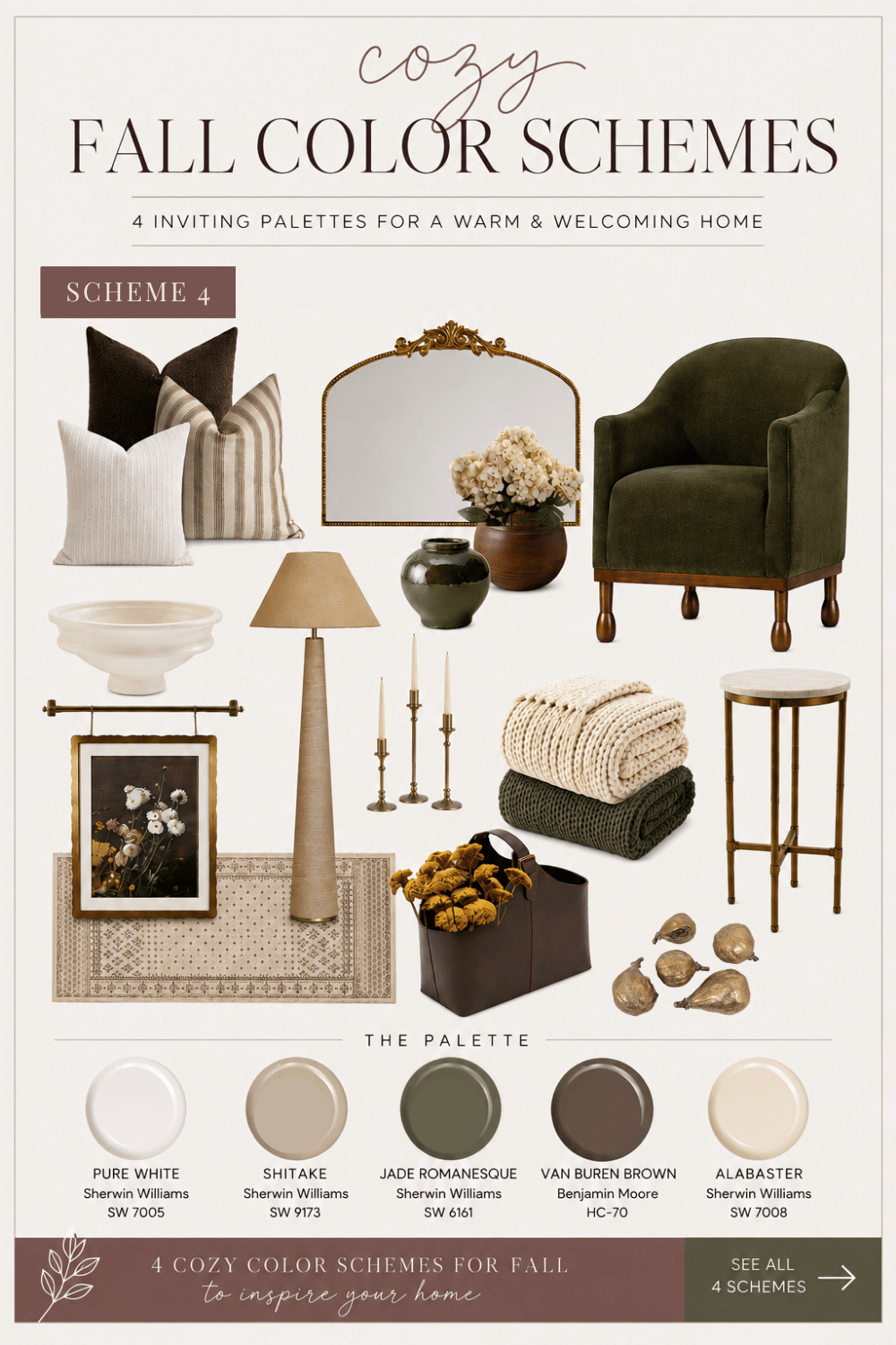 This cozy fall color scheme is all about bringing the feeling of the season home through deep olive green, warm brown, creamy neutrals, natural wood and aged brass. I love how the richer colors add warmth and depth, while the lighter rug, pillows and chunky knit throw keep everything feeling relaxed and inviting rather than dark or heavy.

It’s also an easy look to recreate without changing your whole room. Try swapping in a few pillows, a throw, warm-toned artwork or decor and layering in natural textures you can continue using well beyond fall.

Shop the pieces from this warm, earthy fall home decor look here. 

 #LTKSeasonal #LTKHome