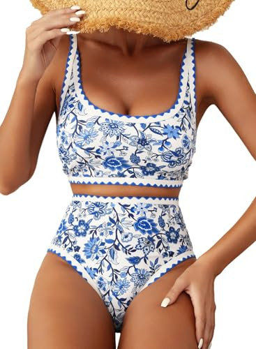 Herseas Women's Bikini Sets Floral Print Whip Stitch 2 Piece Swimsuits High Waisted Scoop Bathing... | Amazon (US)