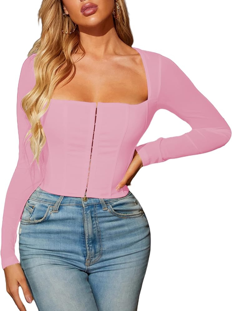 Remidoo Women's Sexy Square Neck Mesh Long Sleeve Bustier Corset Crop Top Clubwear | Amazon (US)