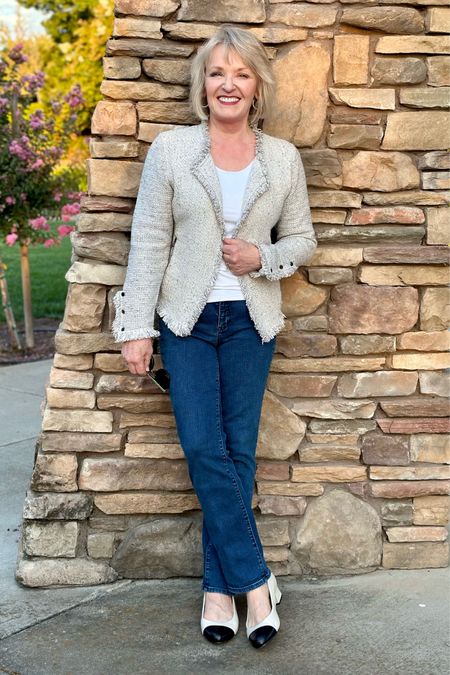 French-inspired comfy casual outfit with bootcut jeans, boucle blazer and super comfy Easy Spirit cap-toe shoes.
 Nic&Zoe jacket
Talbots jeans and tee
Easy Spirit shoes


#LTKshoecrush #LTKstyletip #LTKfindsunder100