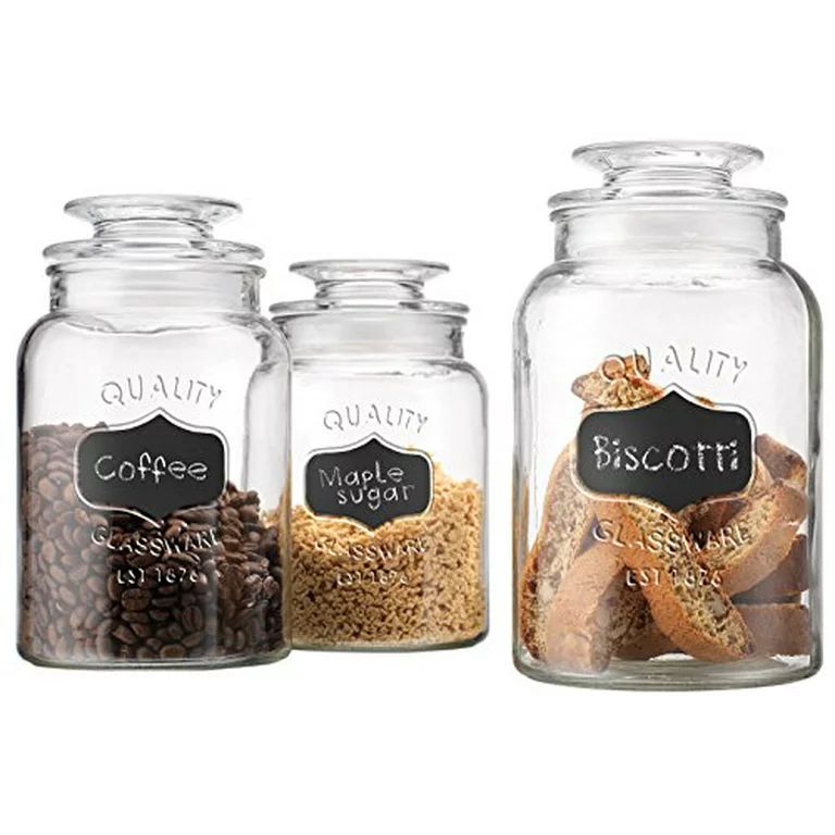 Set of 3 Round Clear Apothecary Glass Canister Jars with Chalkboard with Tight Lids for Kitchen o... | Walmart (US)