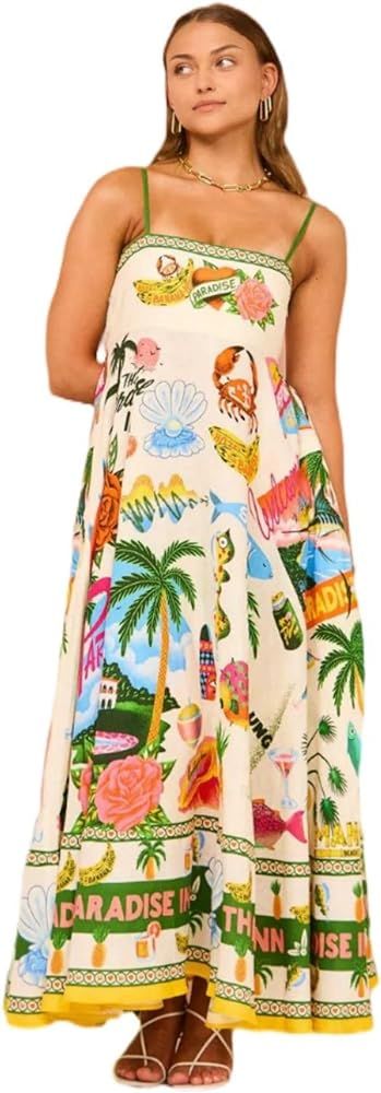 Women Boho Flowy Graffiti Long Aline Sundress Graphic Square Neck Sleeveless Spaghetti Strap Y2K ... | Amazon (US)