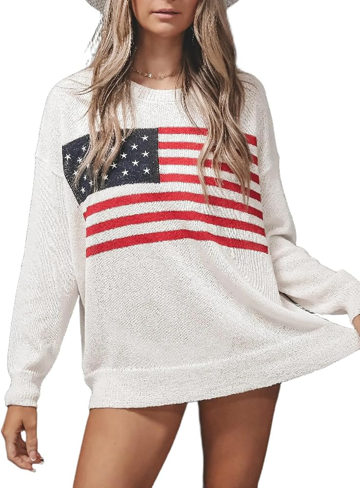 Womens USA Flag Patriotic Sweater American Crew Neck Knit Long Sleeve Lightweight Loose Pullover ... | Amazon (US)