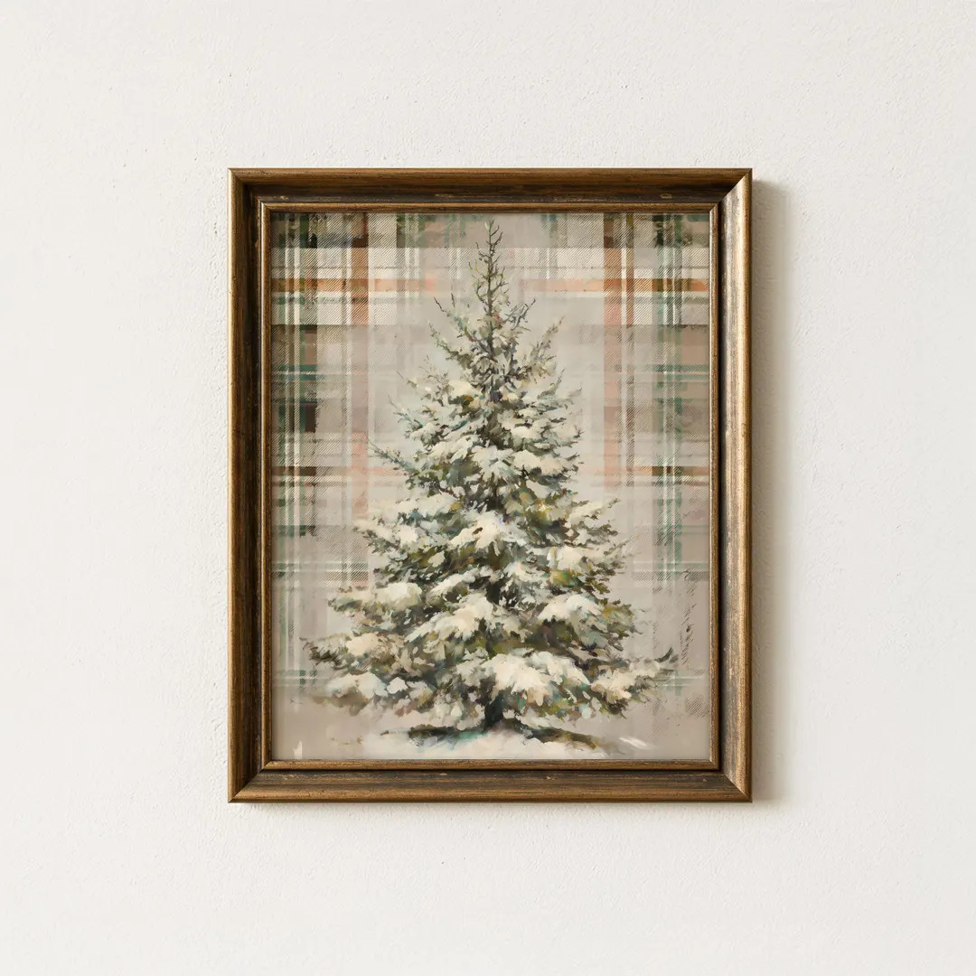 Neutral Plaid Christmas Tree Wall Art Printable Winter Holiday Decor Rustic Snowy Evergreen Farmh... | Etsy (US)