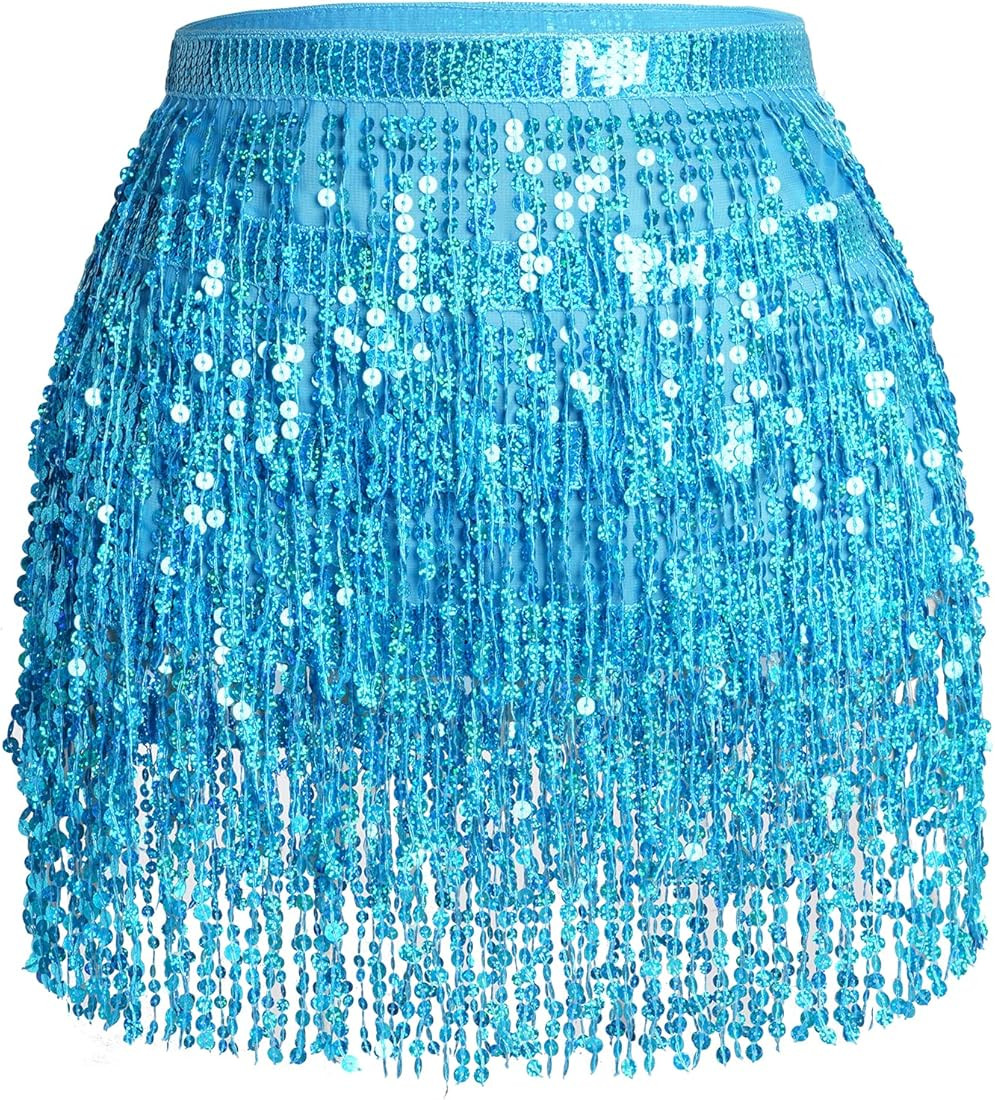 Belly Dance Hip Scarf Sequin Tassel Skirt Wrap Sparkly Rave Costume for Women | Amazon (US)