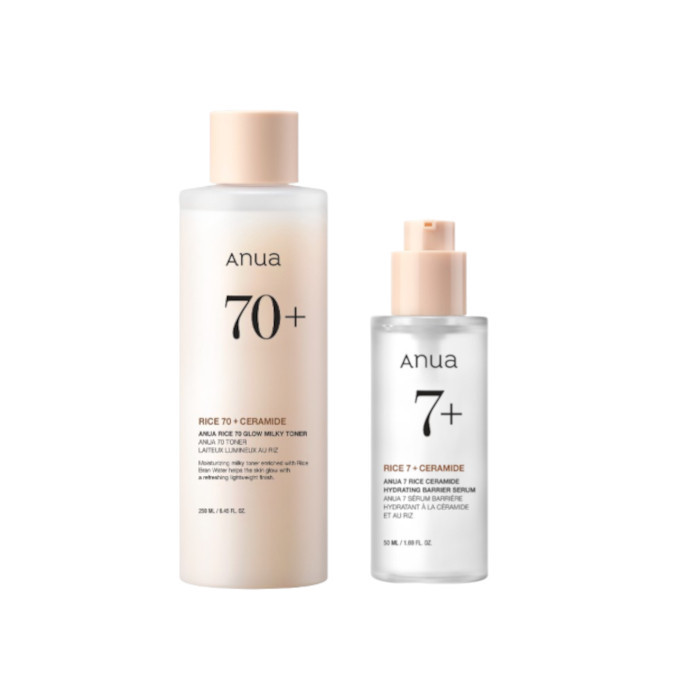 ANUA - Rice 70 Glow Milky Toner - 250ml (1ea) + 7 Rice Ceramide Hydrating Barrier Serum - 50ml (1ea) Set | Stylevana