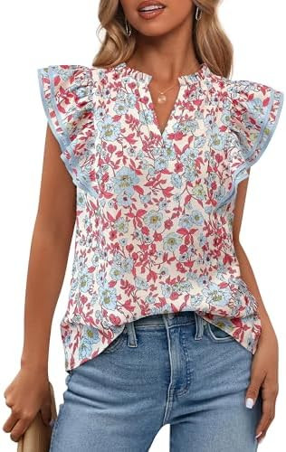 BTFBM Womens Tops Dressy Casual 2026 Spring Summer Shirts Boho Floral V Neck Ruffle Cap Sleeve Bu... | Amazon (US)