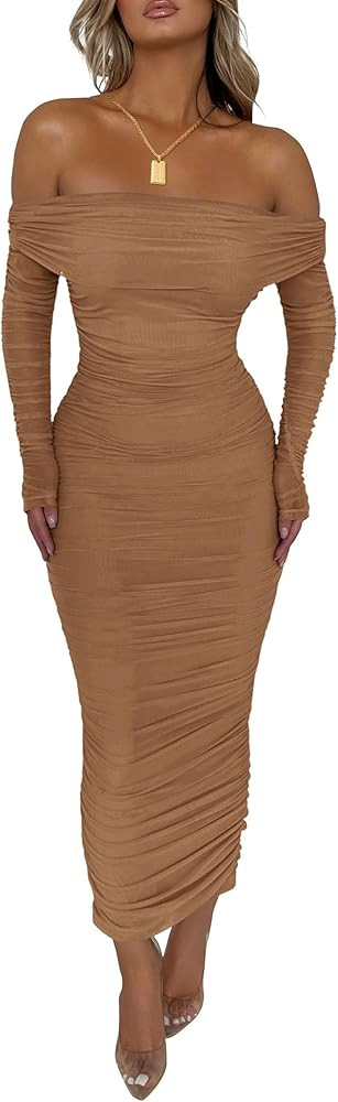 PRETTYGARDEN Women's Fall Off Shoulder Maxi Bodycon Dress Long Sleeve Ruched Fitted Club Dresses ... | Amazon (US)