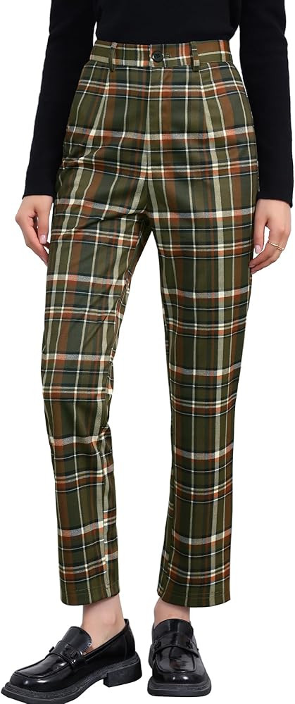 Allegra K Women's Plaid Pants High Waisted Vintage Tartan Checkered Cropped Casual Work Pants | Amazon (US)