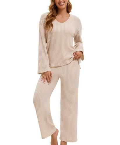 LEYSHE Lounge Sets for Women 2 Piece Ribbed Knit V Neck Long Sleeve Wide Leg Pants Oversized Loungewear Pajamas Fall Winter Outfits Oatmeal | Amazon (US)
