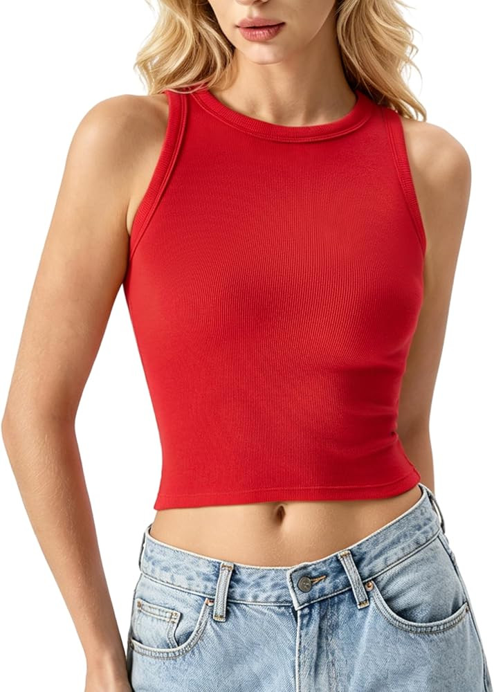 QINSEN Women's Cotton Ribbed Basic Tank Top Crew Neck Slim Fitted Sleeveless Crop Top | Amazon (US)