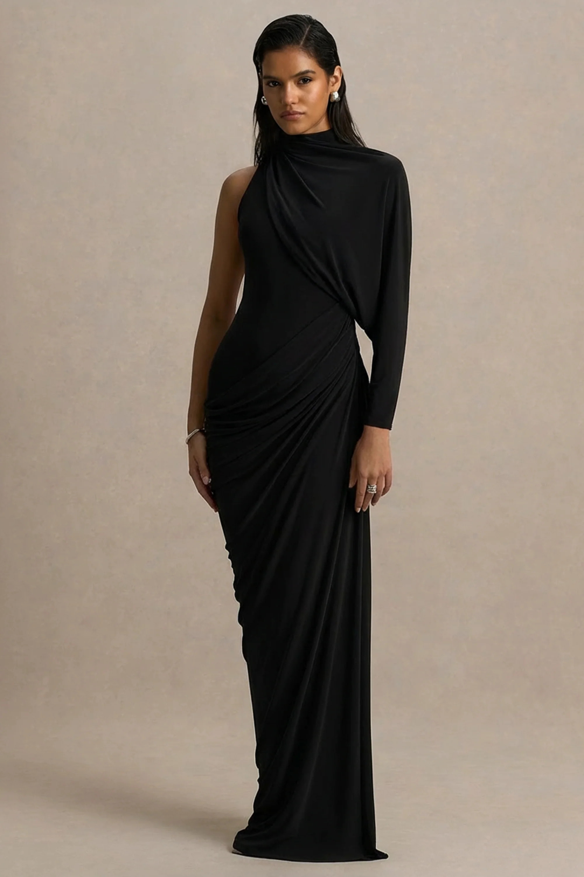 Aphra | Black High-Neck Maxi Dress With Cape-Sleeve | Club L London