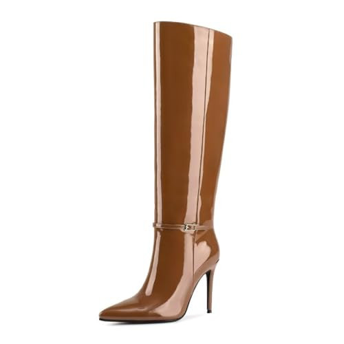 wetkiss Knee High Boots for Women, Ankle Strap Pointed Toe Tall Stiletto High Heel Boots for Women Party Gifts Dress（Brown-08.5） | Amazon (US)