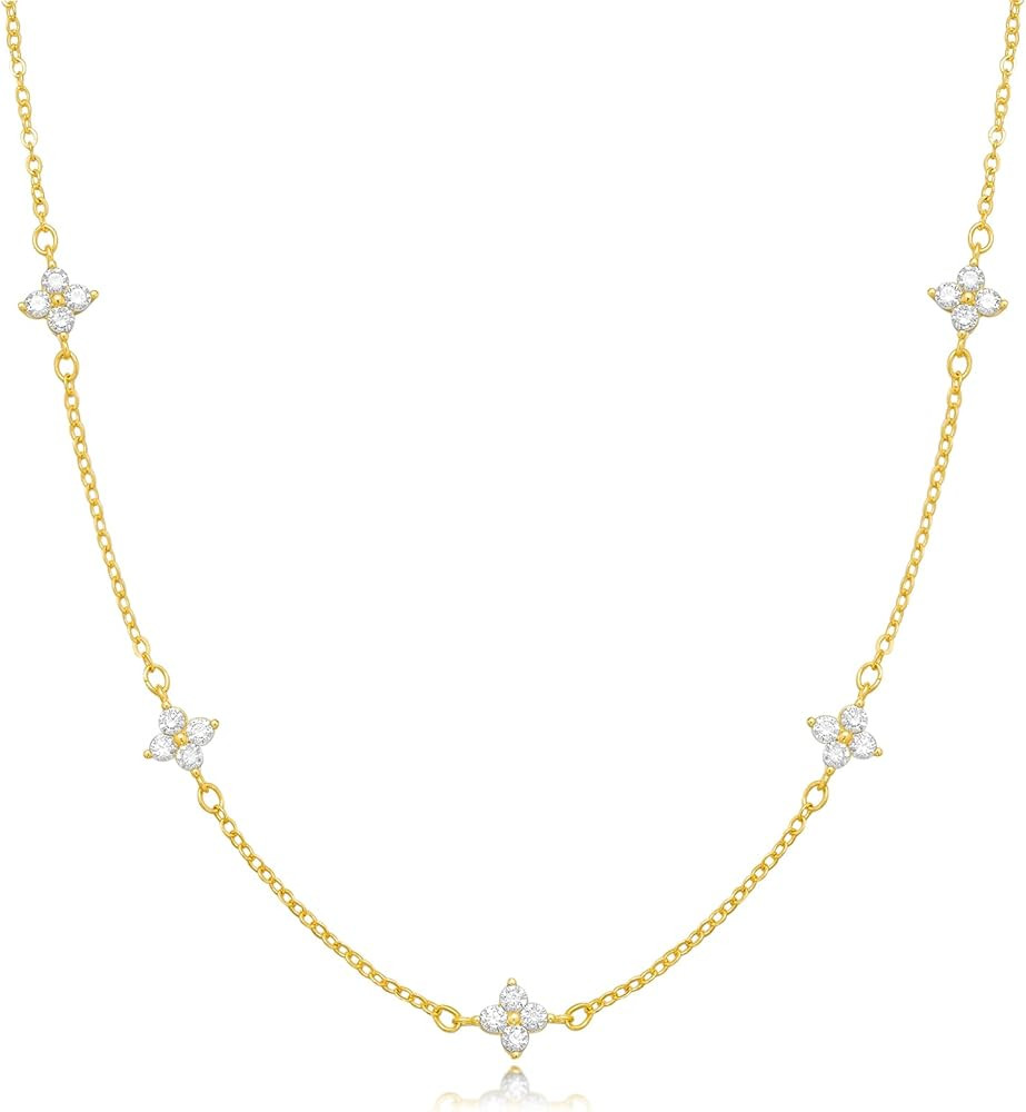 Dainty Necklaces for Women Cute Station Choker Necklace Cubic Zirconia Simulated Diamond Necklace... | Amazon (US)