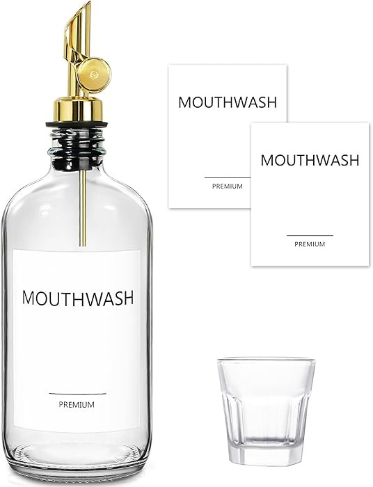 Mouthwash Dispenser for Bathroom, 1 Pack Glass Mouth Wash Container with Cup, 17 Fl Oz Mouthwash ... | Amazon (US)