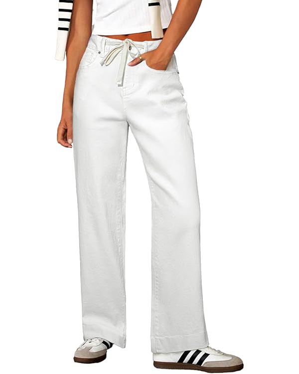 Sidefeel Women's Wide Leg Jeans High Waisted Stretchy Straight Leg Baggy Drawstring Zimbaplatinum... | Amazon (US)
