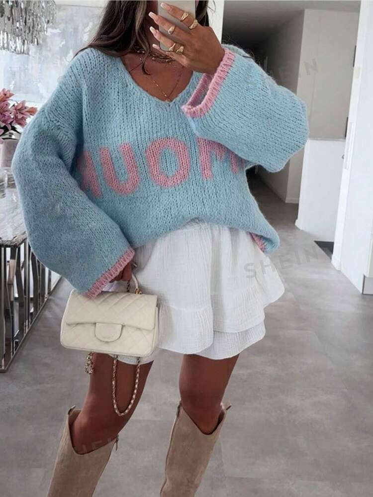 SHEIN EZwear Women's Loose Letter Pattern Dropped Shoulder Long Sleeve Casual Sweater, Autumn & W... | SHEIN