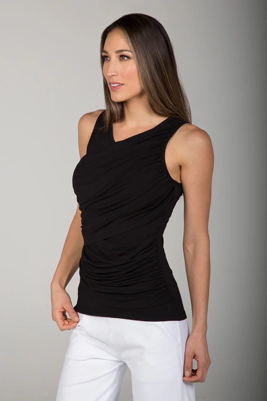 GODDESS RUCHED SLEEVELESS TOP: BLACK | KIRAGRACE