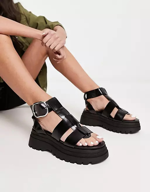 ASOS DESIGN Factor buckle hardware fisherman flat sandals in black | ASOS (Global)