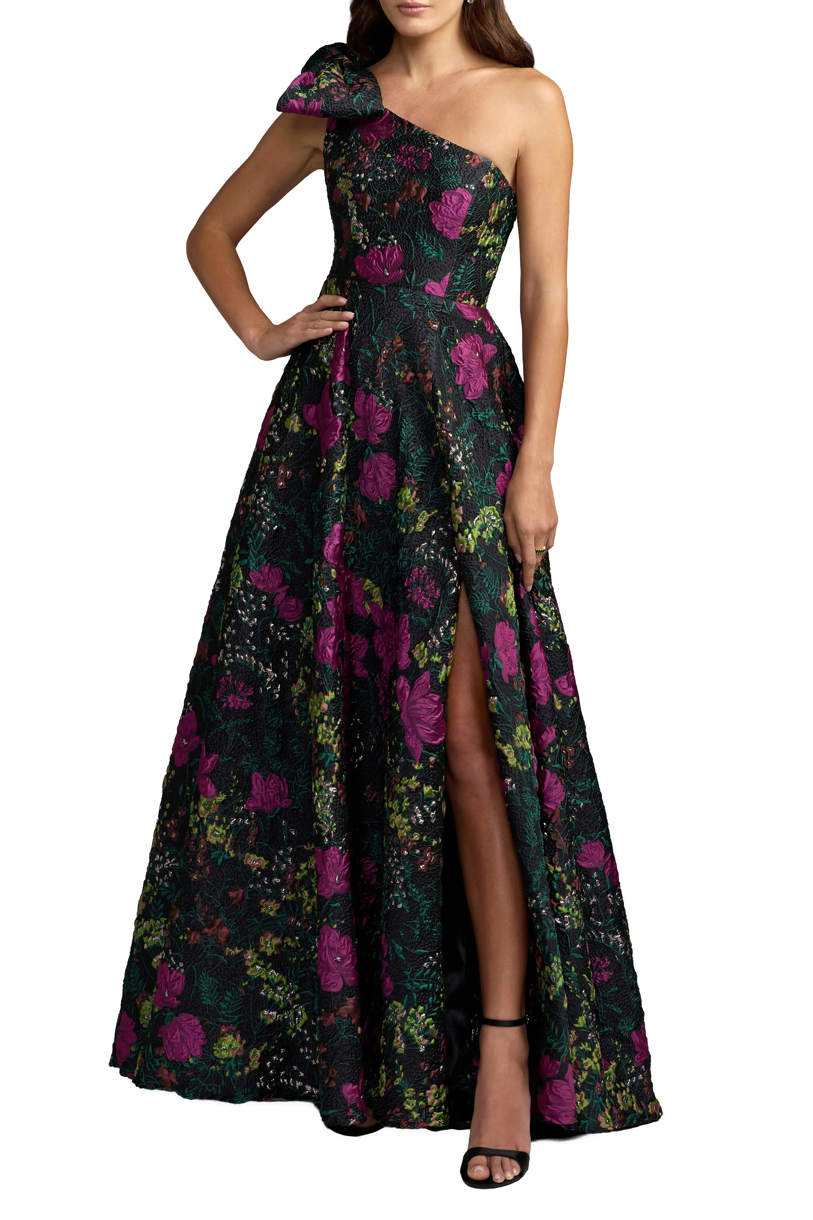 Mac Duggal Petite One Shoulder Floral Brocade Ball Gown with Bow in Black Multi at Nordstrom, Size 6 | Nordstrom