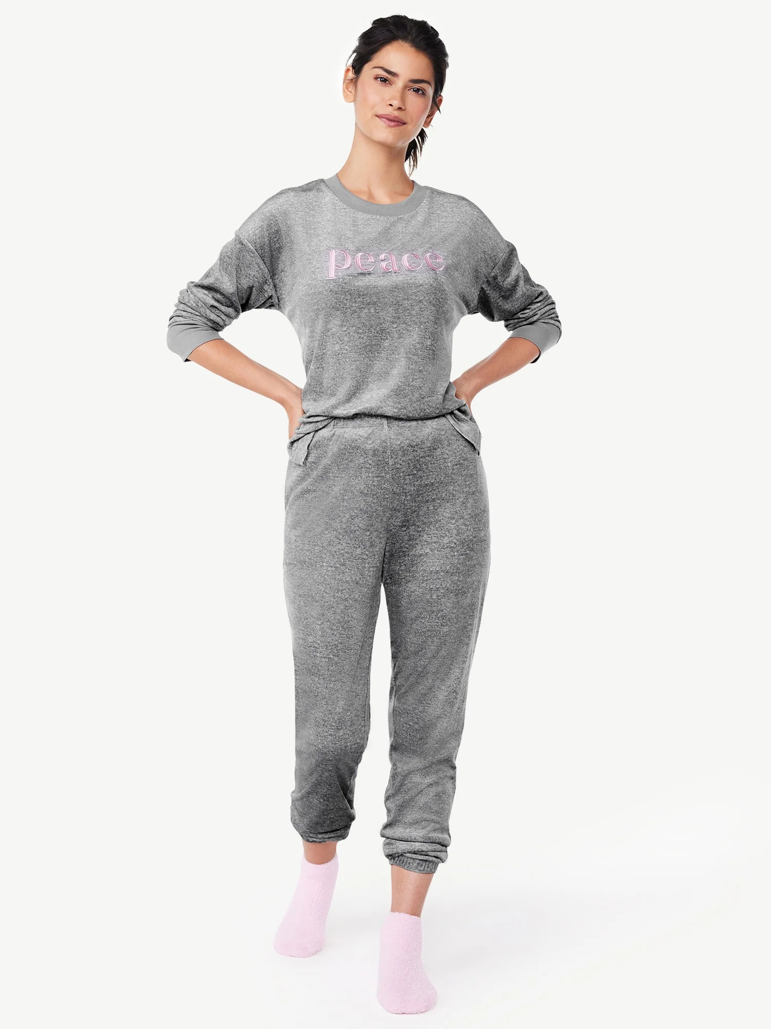 Joyspun Women's Embroidered Stretch Velour Top and Joggers Pajama Set with Socks, 3-Piece, Sizes ... | Walmart (US)