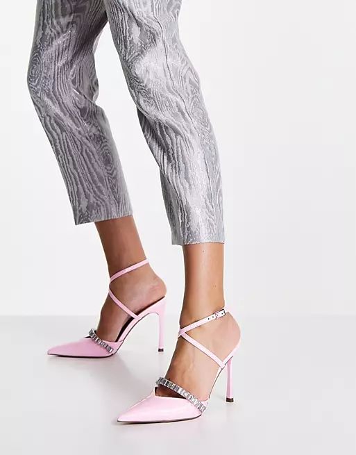 ASOS DESIGN Primrose embellished high heeled shoes in pink patent | ASOS (Global)