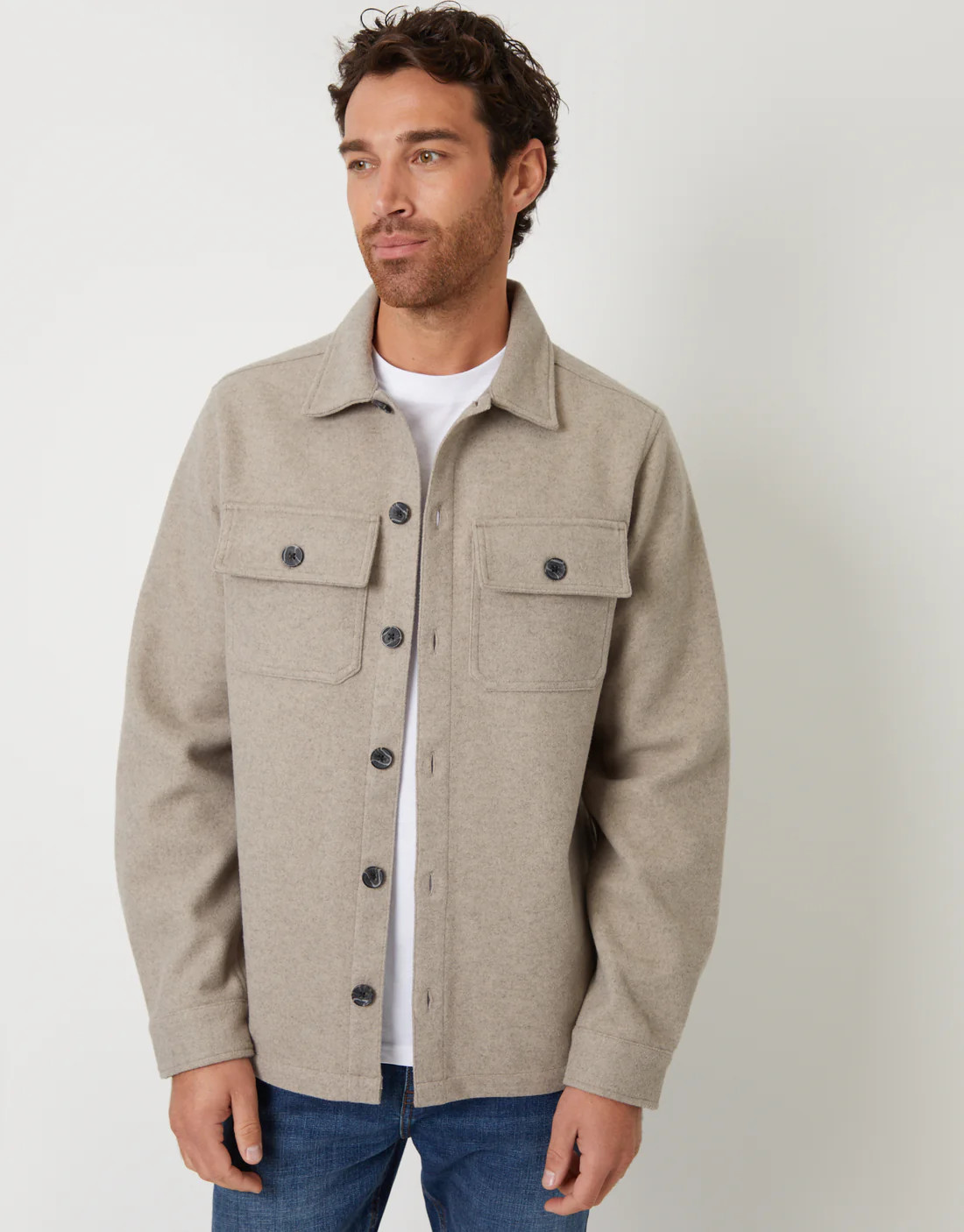 Men's Beige Faux Wool Button Up Shacket | Threadbare