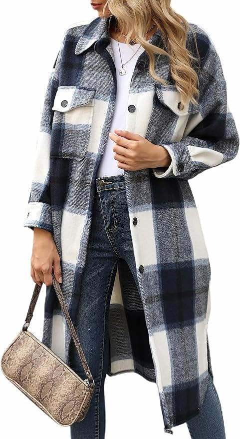 Springrain Women's Casual Plaid Button Down Wool Blend Shacket Long Coat | Amazon (US)