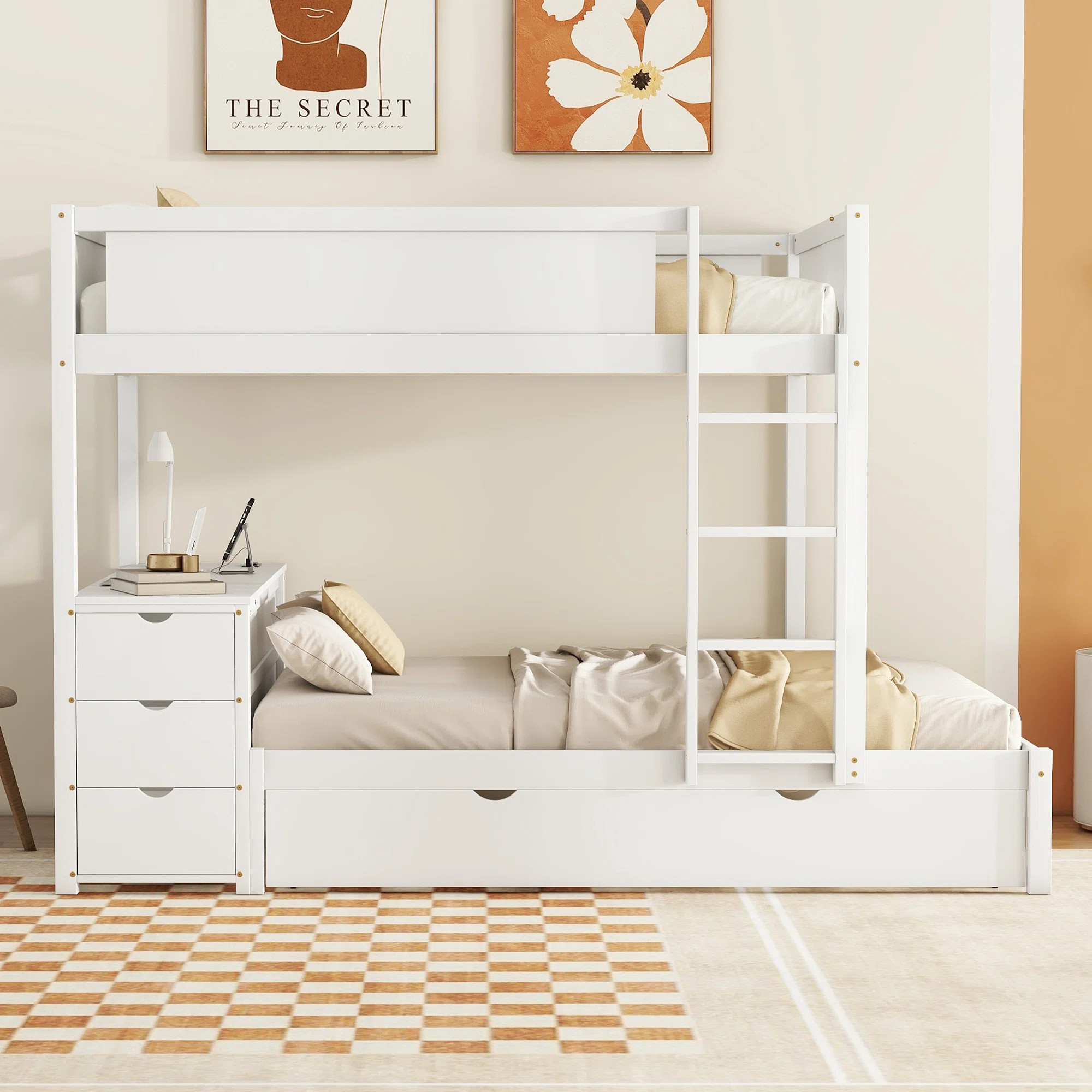 Twin-Over-Twin Bunk Bed with Trundle, Storage Drawers, Desk & USB Outlets, Gray | Wayfair North America