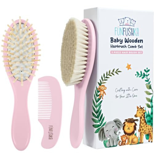 FUNFUSHKA Baby Hair Brush Set for Newborns - Baby Brush and Comb Set - Ultra Soft Goat Hair Bristles, Perfect for Cradle Cap, Newborn Showers & Registries Gift, Comb Brush for Girls & Boys (Rosa) | Amazon (US)