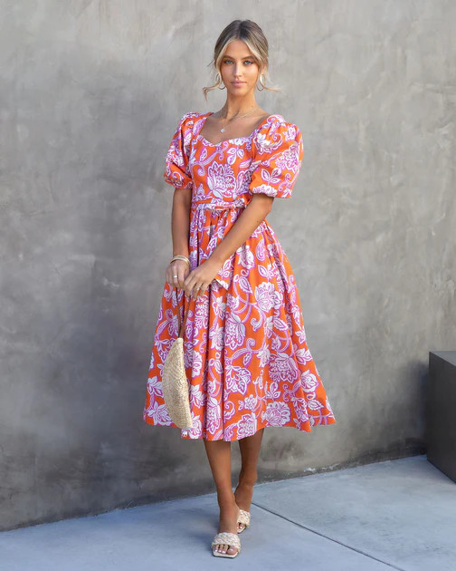 Petra Cotton Floral Pocketed Puff Sleeve Midi Dress | VICI