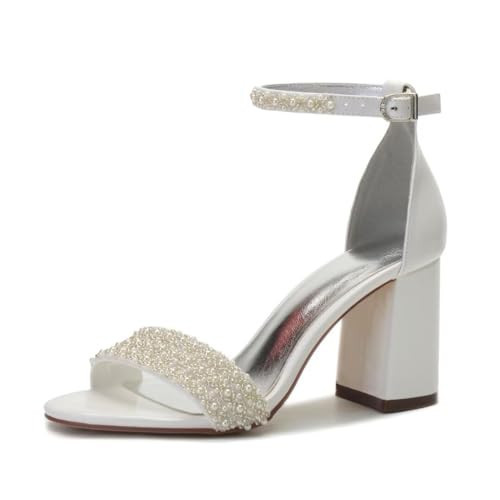 YWXYMGE Block Heel Wedding Shoes for Bride Open Toe Pearl Bridal Shoes Wedding Heeled Sandals-Ivory-7 | Amazon (US)