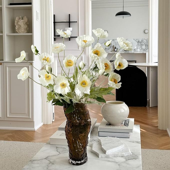 White Poppy Silk Flowers, 6pcs Lifelike Artificial Plants & Flowers, Faux Poppies Bouquet with Lo... | Amazon (US)