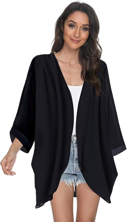 Tribear Women's Sheer Chiffon Kimono Cardigan Solid Casual Capes Beach Cover up | Amazon (US)
