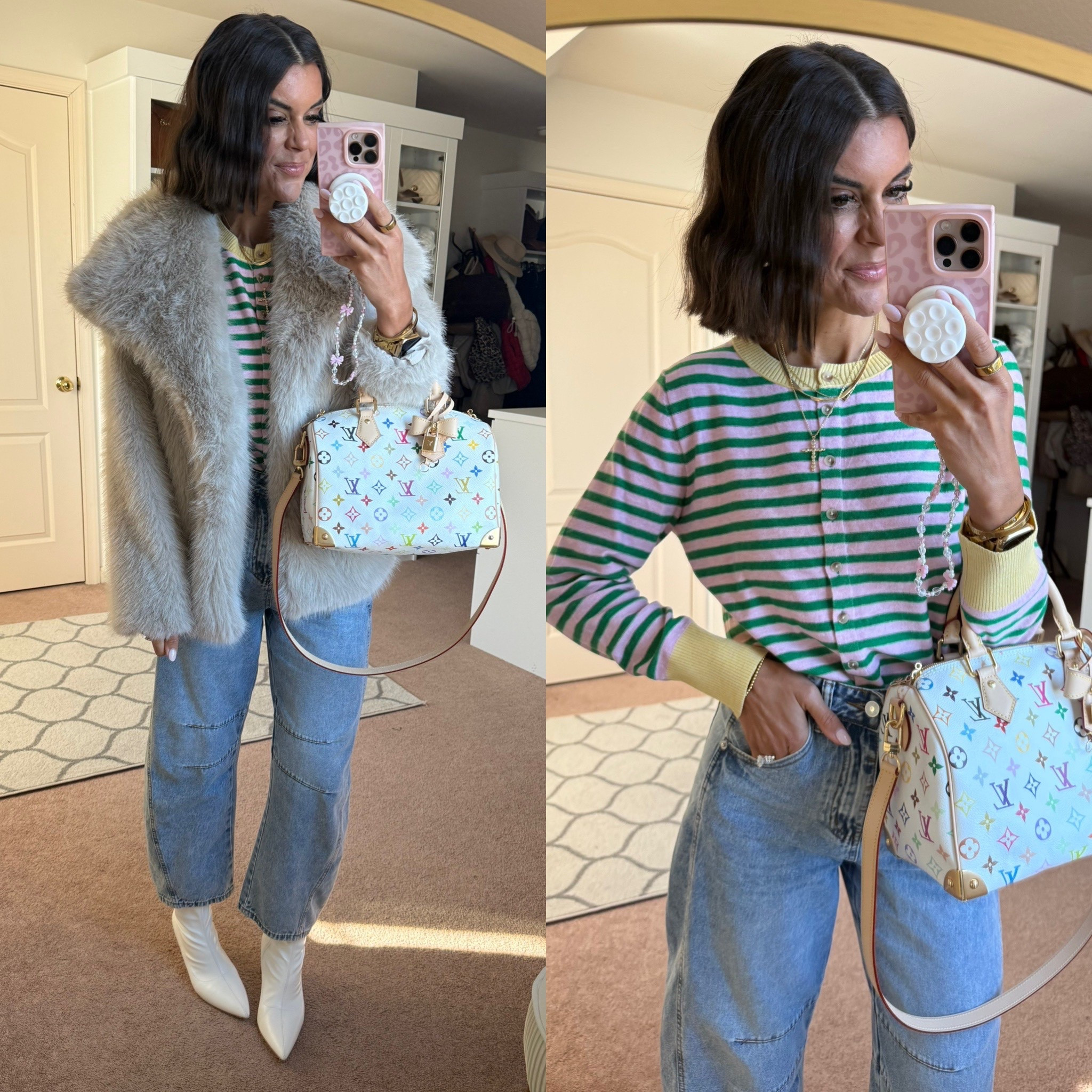 Size small in fur and cardigan Size 2 in jeans 

#LTKSeasonal