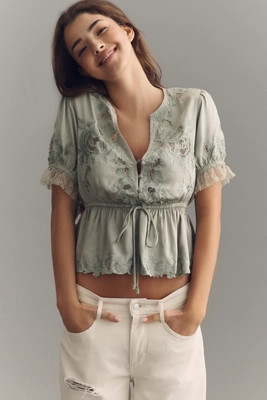 By Anthropologie Embroidered V-Neck Peplum Blouse | Anthropologie (US)