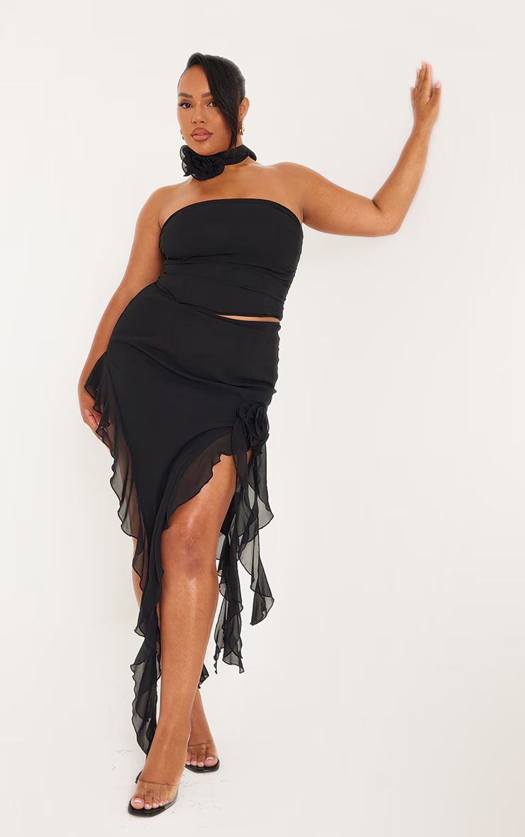 Plus Black Flower Detail Ruffle Drape Skirt | PrettyLittleThing US