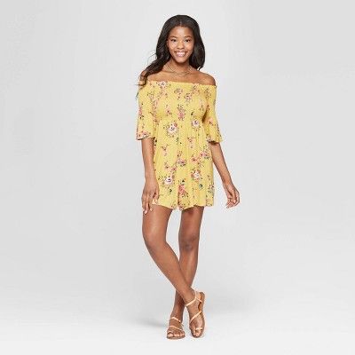 Women's Floral Print 3/4 Sleeve Off the Shoulder Smocked Knit Romper - Xhilaration™ Gold | Target