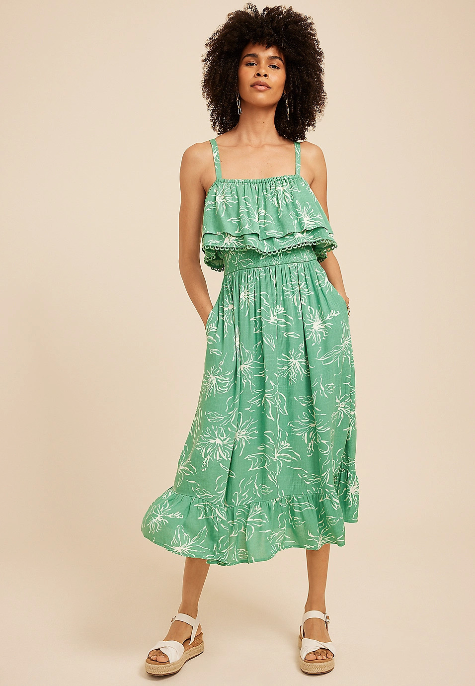Bare Floral Print Tiered Midi Dress | Maurices