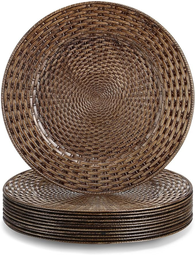 Novabright 12 Pcs Faux Rattan Charger Plates 13" Brown Table Chargers for Dinner Plates Round Pla... | Amazon (US)