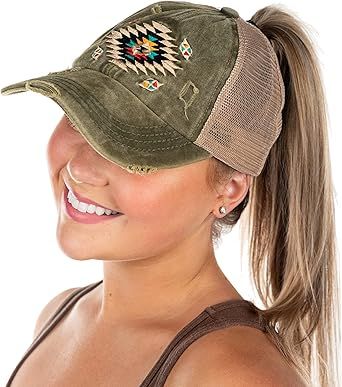 Funky Junque Criss Cross Hat Womens Baseball Cap Distressed Ponytail Messy Bun Trucker Ponycap | Amazon (US)