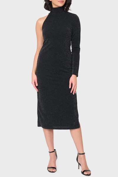 Mock Neck One Shoulder Shimmer Knit Dress | Gibson