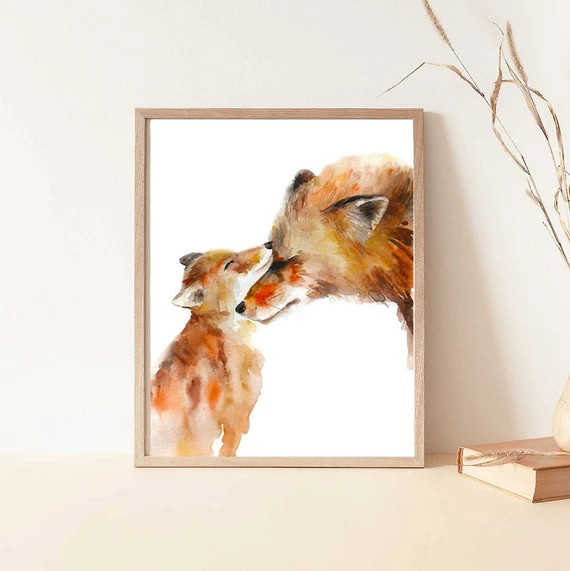 Fox art print Mama baby fox nursery wall art Woodland forest animal wall decor Fox gifts Watercol... | Etsy (US)
