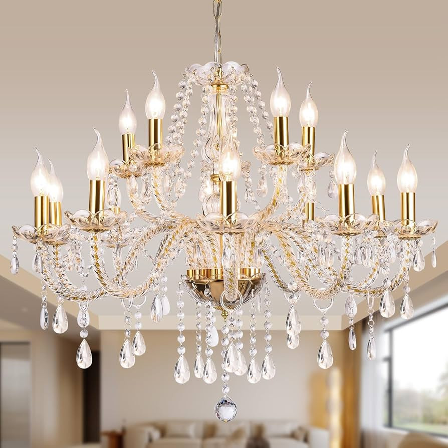 Modern Elegant 15 Lights K9 Crystal Glass Chandelier Golden Pendant Ceiling Lighting European Sty... | Amazon (US)