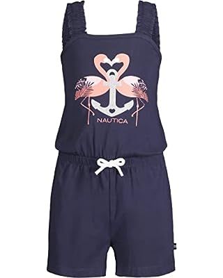 Nautica Girls' Printed Knit Jersey Romper with Elastic Waistband, Peacoat Anchor, 12-14 | Amazon (US)
