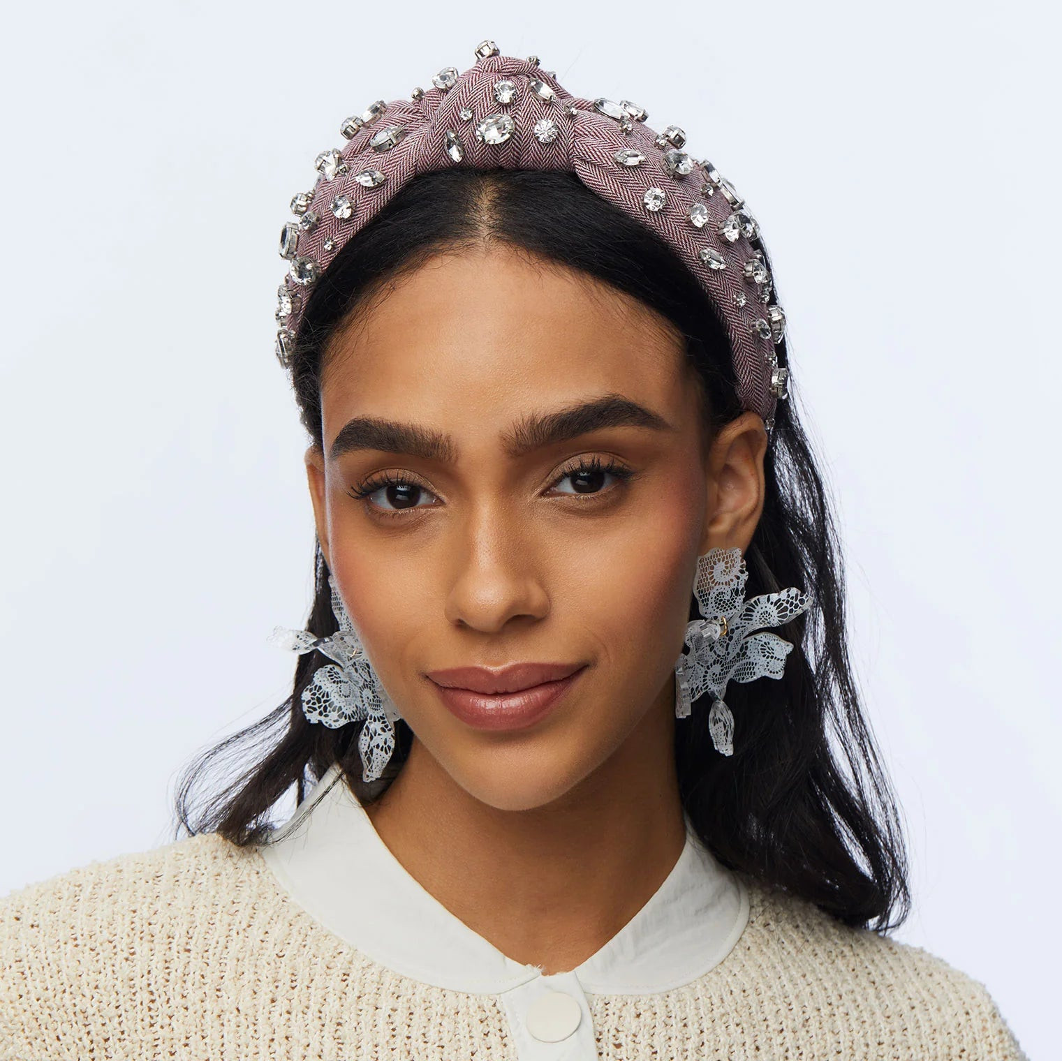 Lele Sadoughi Merlot Tweed Herringbone Embellished Knotted Headband | House of 29