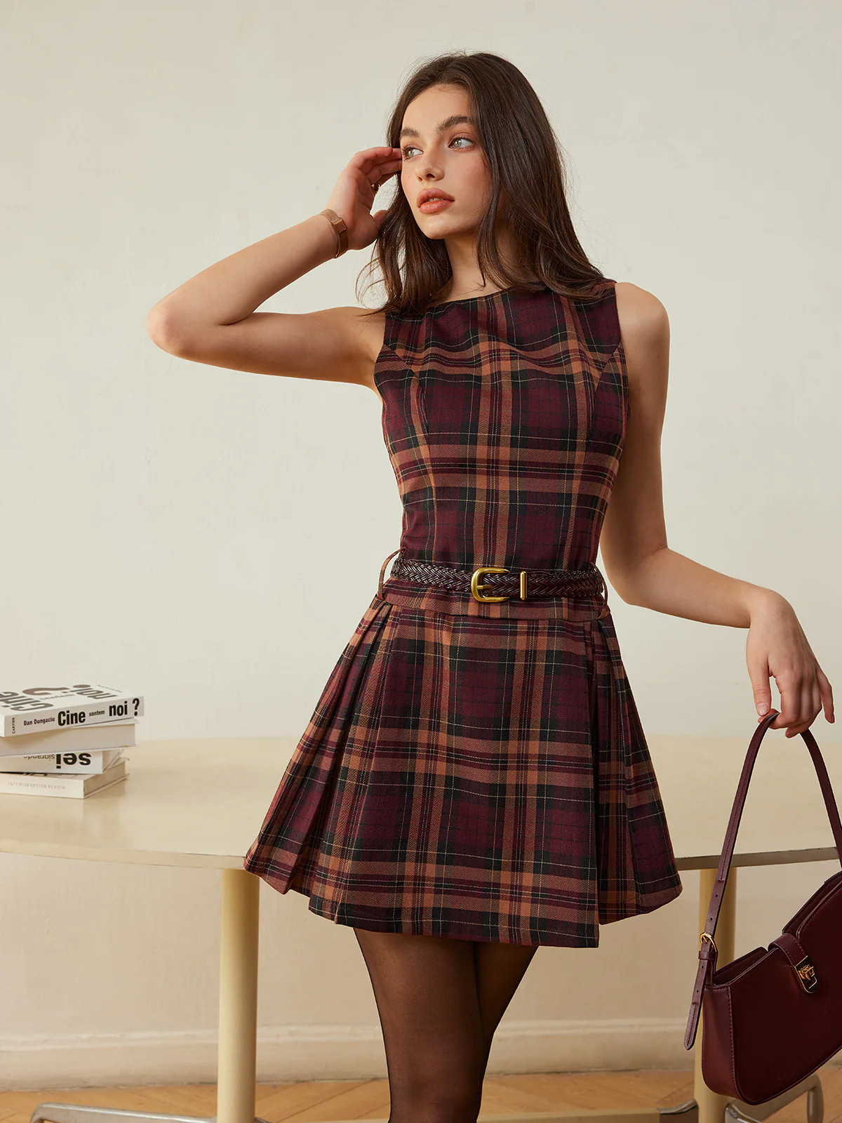 Checked Pleated Tank Dress Without Belt | Commense