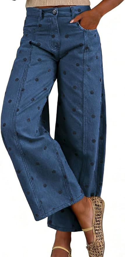 chouyatou Women's 2026 Polka Dot Pattern Barrel Jeans Boyfriend Y2K Casual Wide Leg Mid Rise Deni... | Amazon (US)