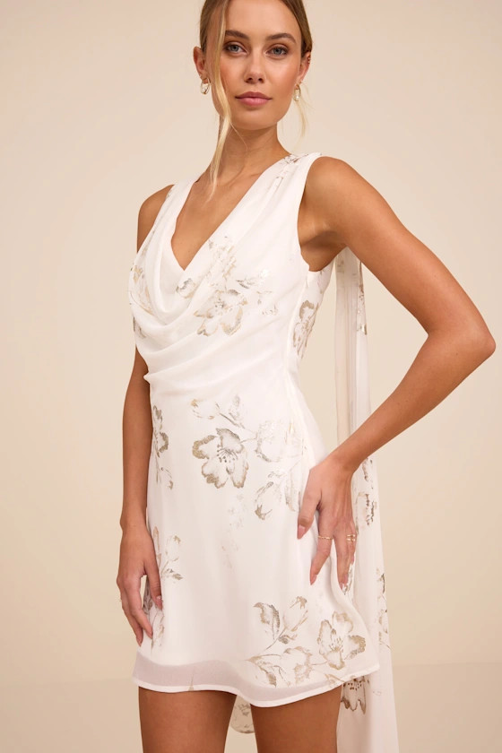 Sidonia White and Gold Floral Cowl Sash Mini Dress | Lulus