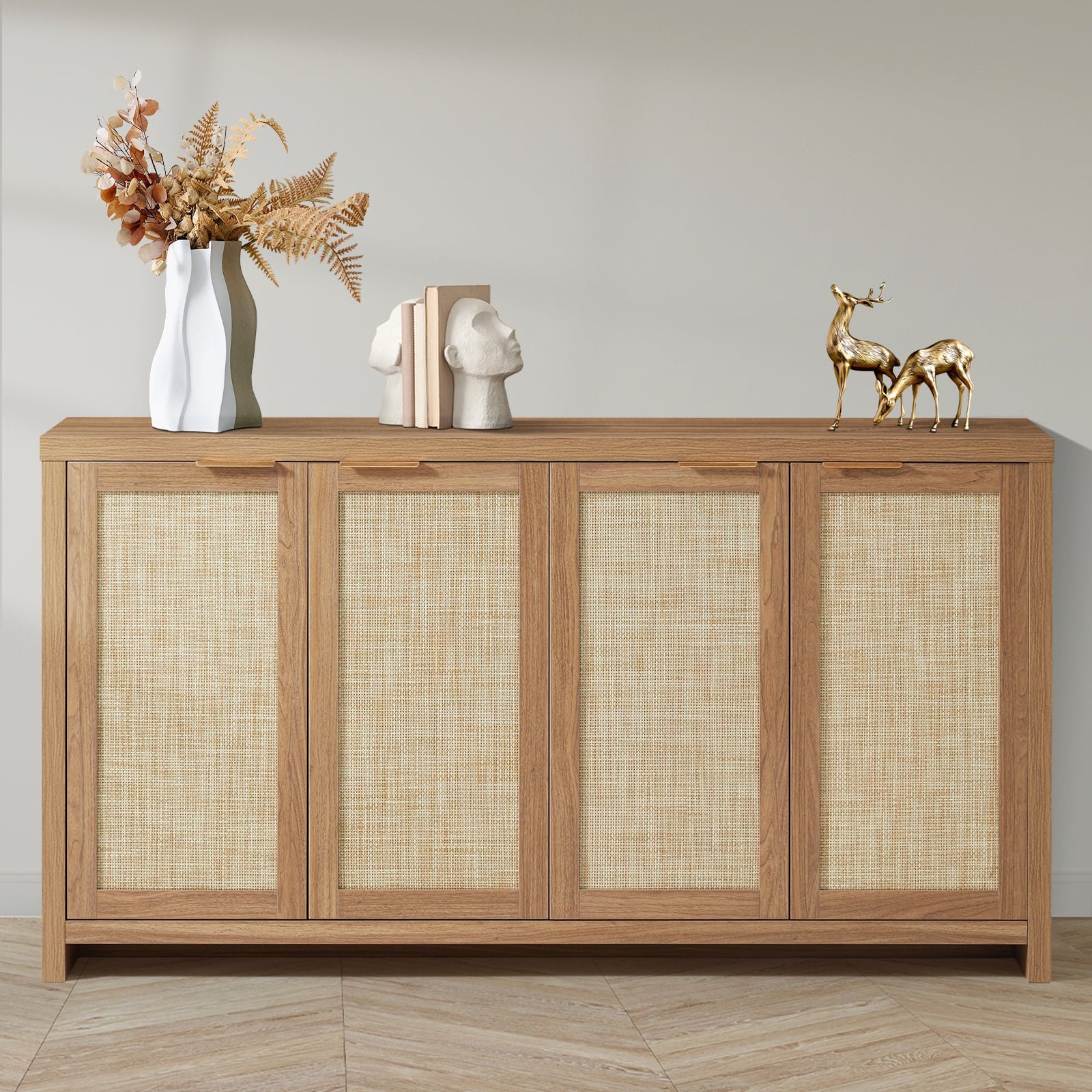 ARKANTOS Wood Sideboard Buffet Cabinet with Adjustable Shelves and 4 Rattan Doors, Natural Oak | Walmart (US)